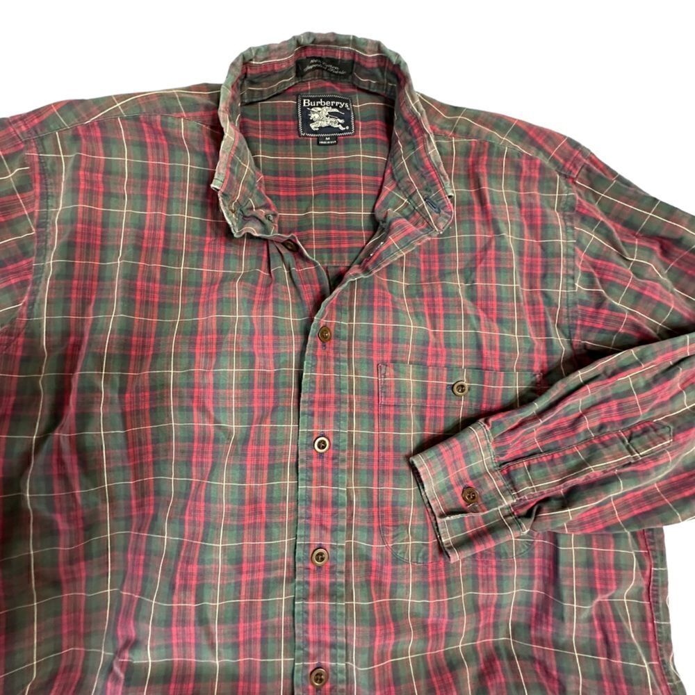 80s vintage Burberry Green and Red checked cotton long sleeve shirt size medium
